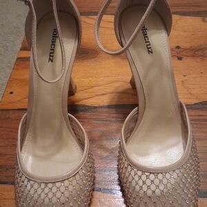 Lola Cruz Nude Mesh Ankle-Strap Heels